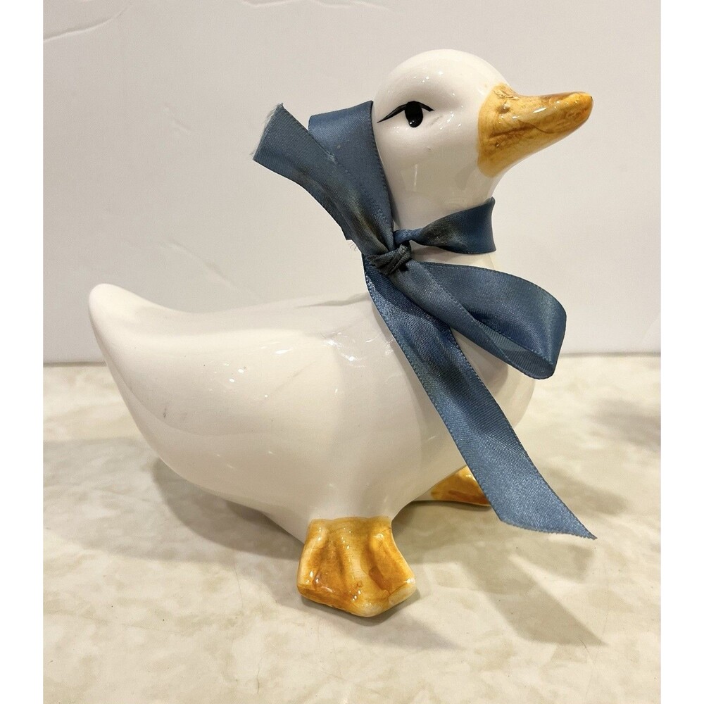 Vtg Ceramic Goose Figure Statue Blue Bow Cottage Core